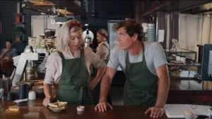 Paul Moore as Shaun working in a café with his wife after losing everything — a heartfelt scene from Rostered On.