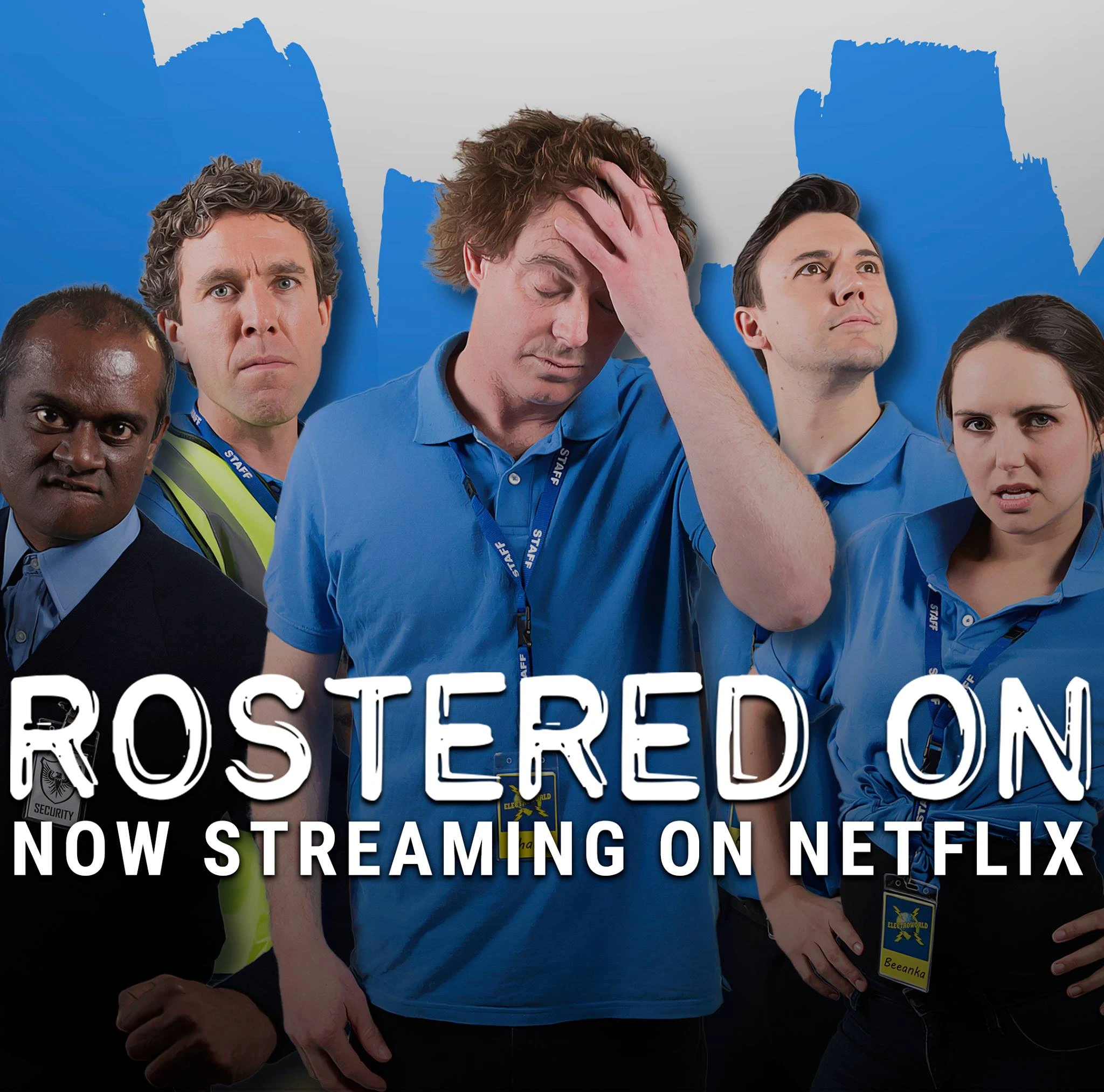 Paul Moore stars as Shaun in Rostered On — Australian workplace comedy streaming globally on Netflix.