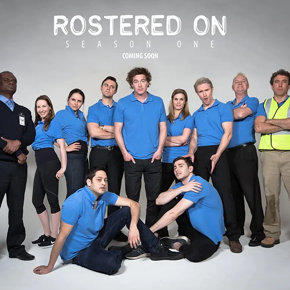 Paul Moore — Geelong Actor on Rostered On Netflix Cast Photo Paul Moore with the cast of Rostered On — Australian actor and teacher based in Geelong on set of the hit Netflix comedy series.