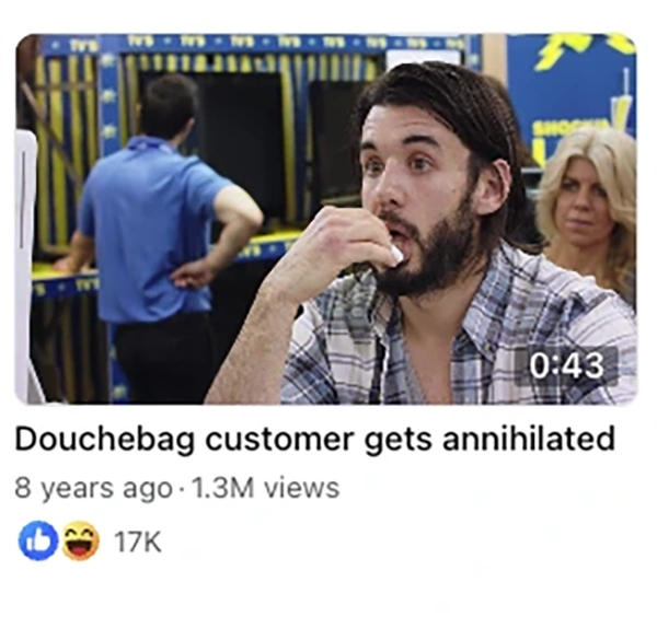 Scene from Rostered On where an entitled customer demands a refund and upgrade without a receipt — part of the viral “Douchebag Customer Gets Annihilated” clip starring Paul Moore.