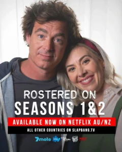 Paul Moore with co-star in Rostered On Seasons 1 and 2 poster — Australian comedy hit produced in Geelong.