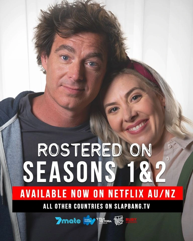 Paul Moore with co-star in Rostered On Seasons 1 and 2 poster — Australian comedy hit produced in Geelong.