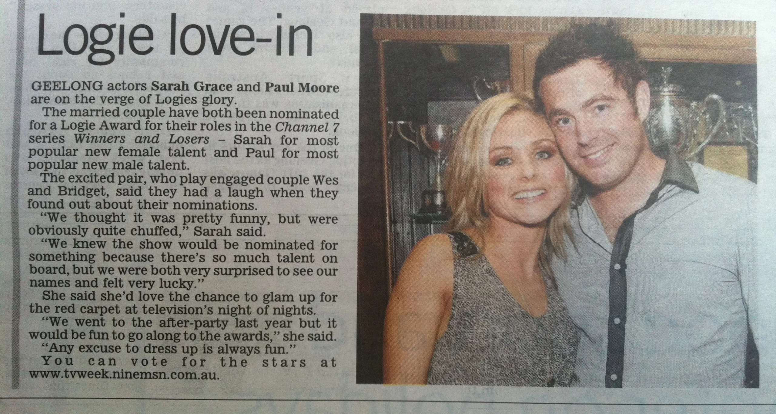 Paul Moore and Sarah Grace attending the Logies as Winners & Losers takes home a Channel 7 award for Best Drama.