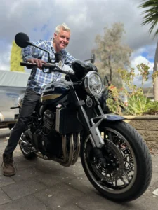 Paul Moore filming a new feature film scene on a motorbike in Geelong, using his real motorbike licence for the role.
