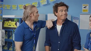 Paul Moore as Shaun in Rostered On, reacting to chaos in the Electroworld store during filming of the hit Geelong-made Netflix comedy series.