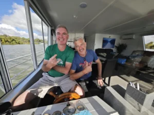 Paul Moore and brother Stephen Moore on a family trip along the Murray River, enjoying time away from Geelong.
