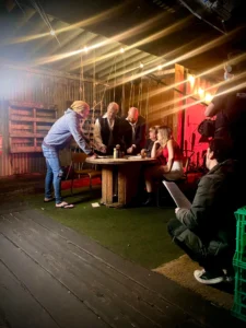 Actors practise improvisation techniques under the guidance of Paul Moore during a creative acting workshop in Geelong.