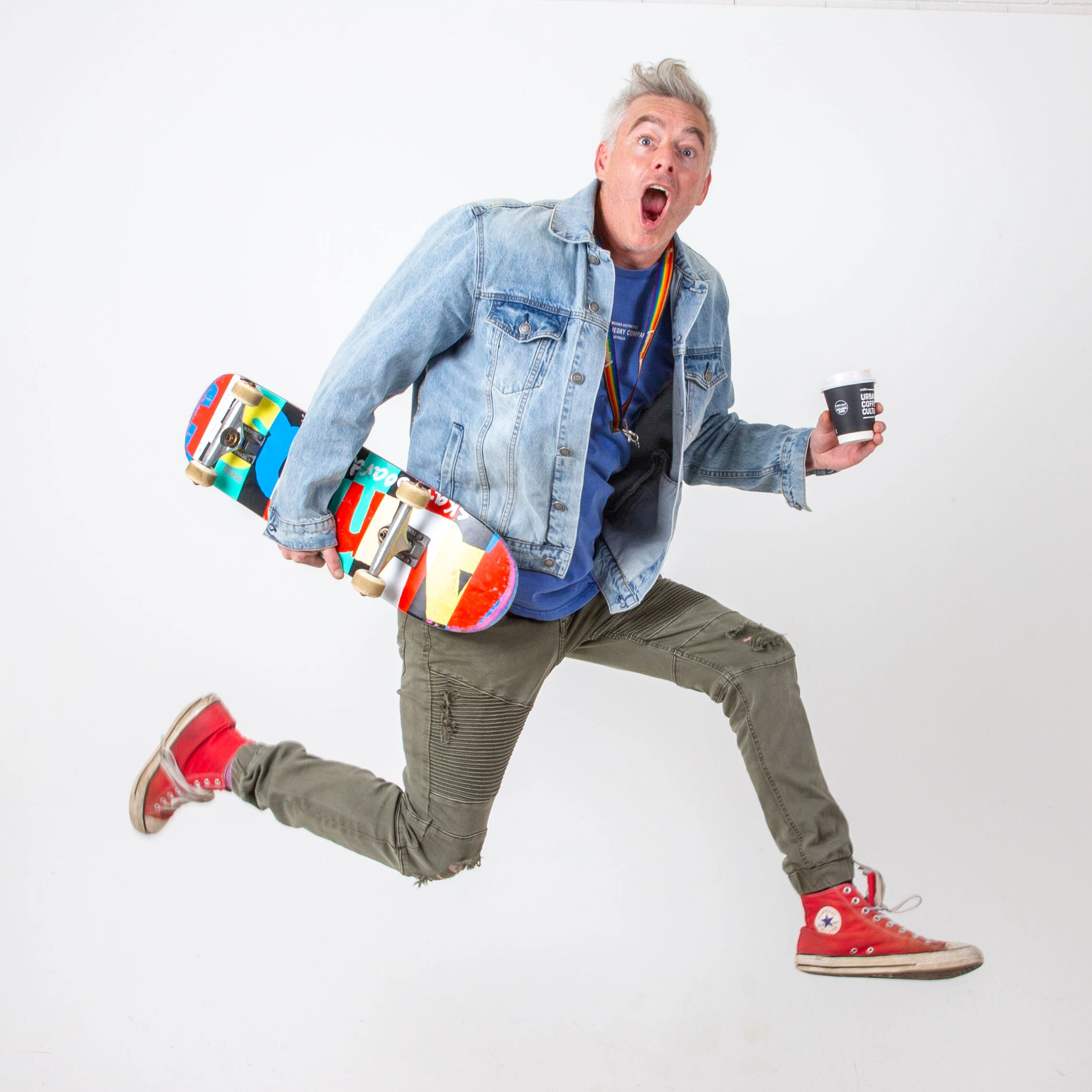 Paul Moore mid-jump during Stashamo High promotional photo shoot, combining energy and character.