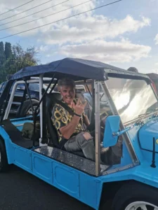 Paul Moore on set driving the blue buggy during filming of Stashamo High — Australian actor, producer, and creator based in Geelong.