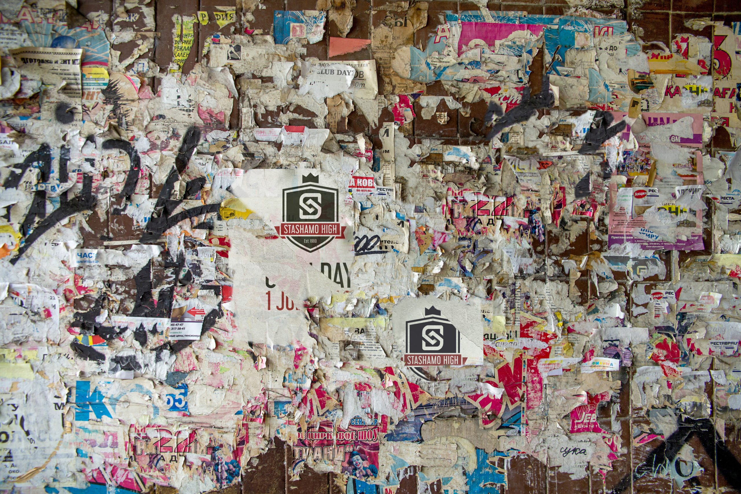 A grungy, layered poster wall featuring Stashamo High artwork — a visual symbol of the film’s indie roots and Geelong production energy.