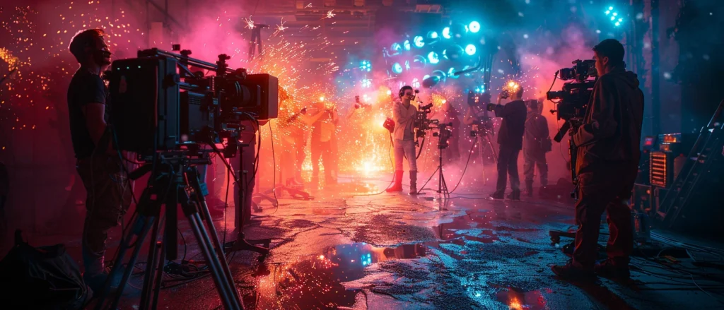 Film crew working on a cinematic screen production set