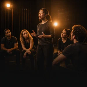 Cinematic editorial illustration of a supportive acting class building performance confidence