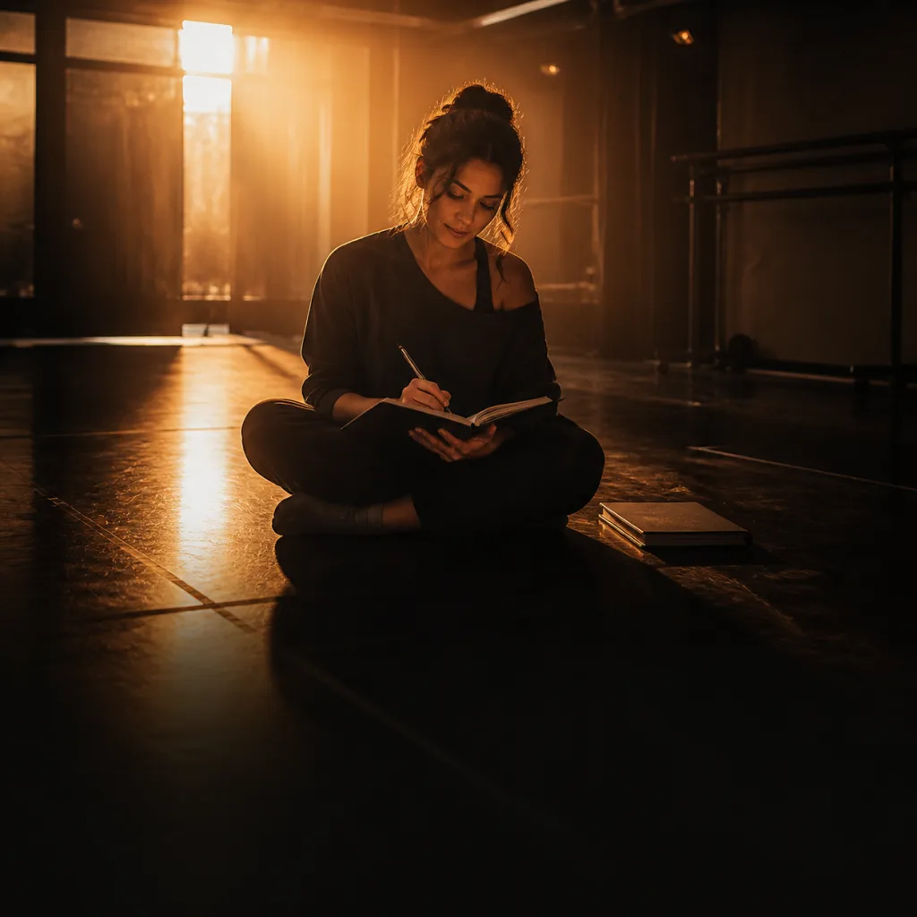 Cinematic editorial illustration of an actor journalling small rehearsal wins in a quiet studio