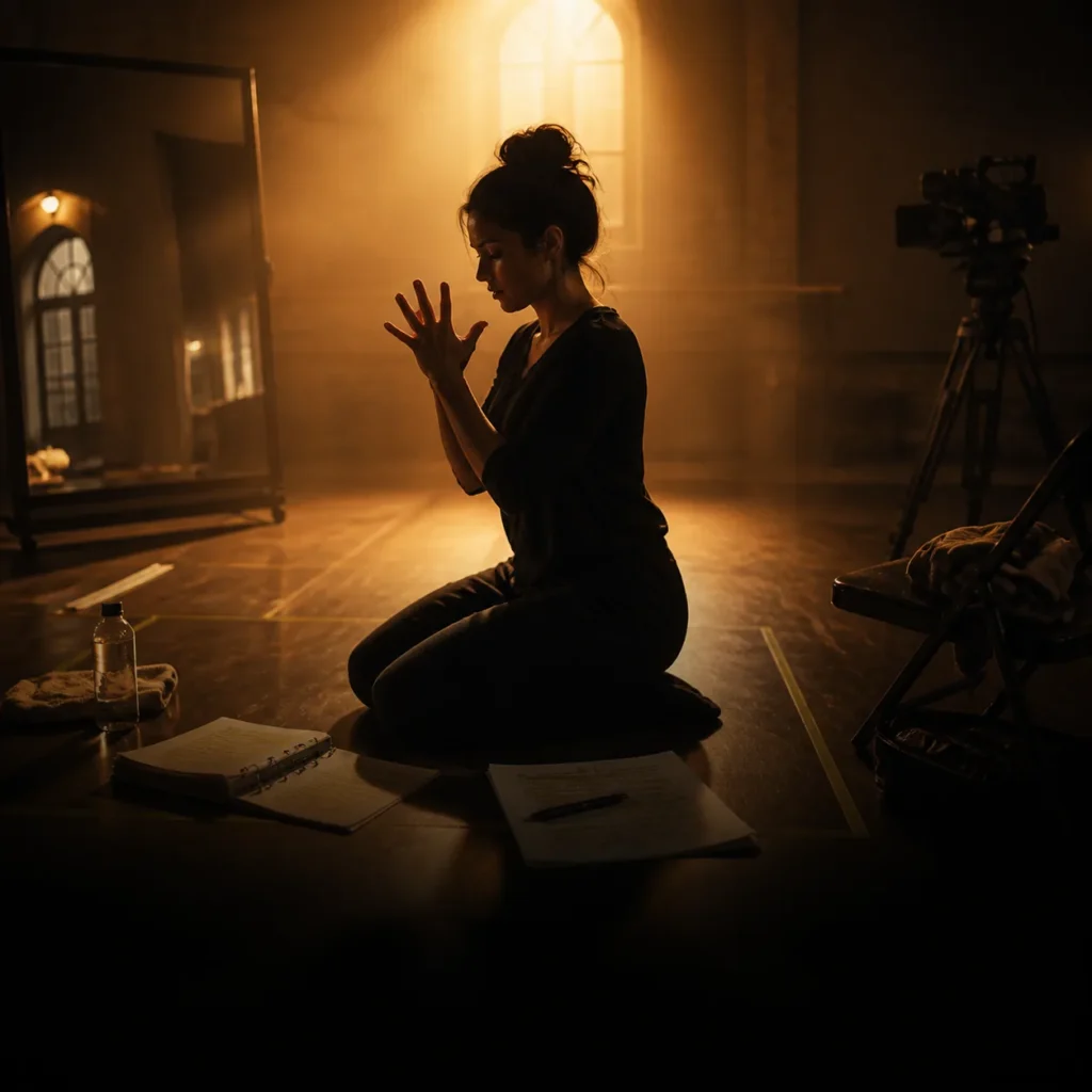 Cinematic editorial illustration of an actor practising confidence-building warm-ups in a rehearsal studio