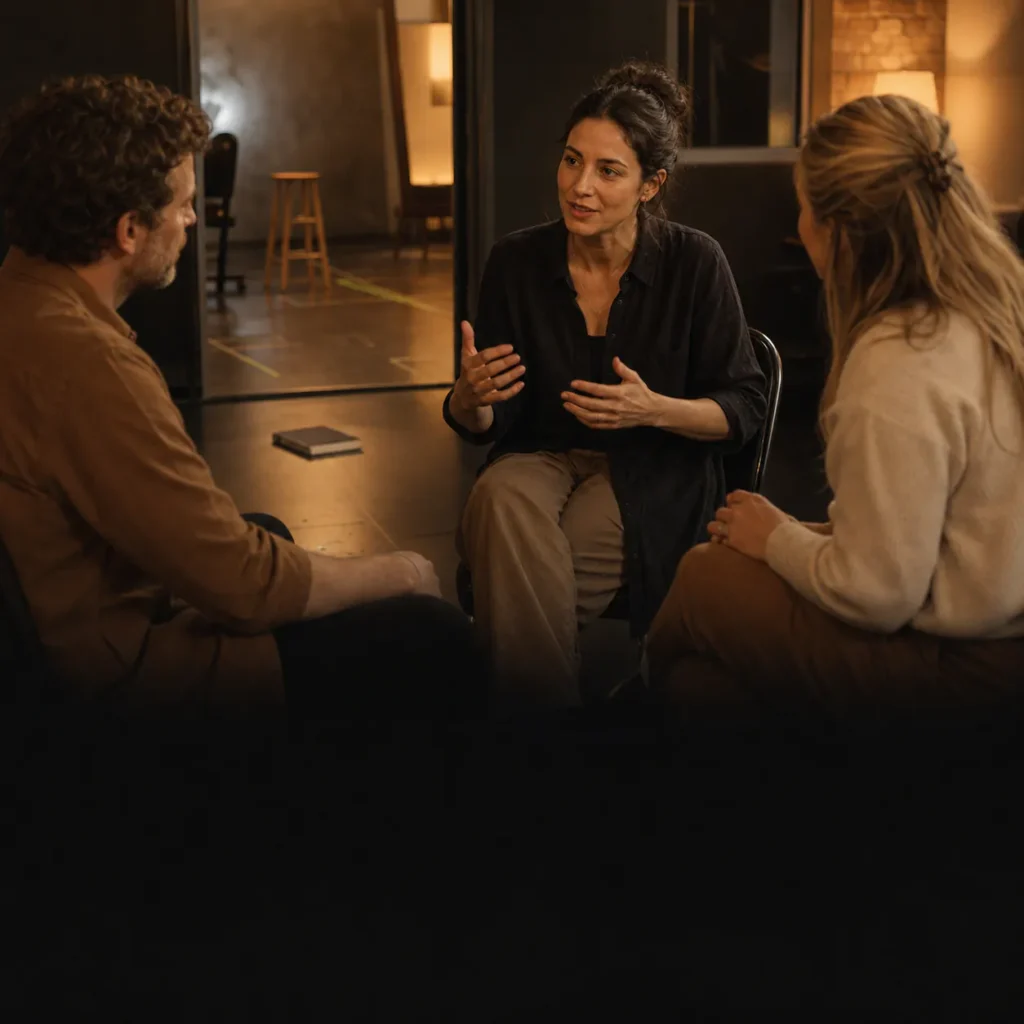Actor using confident listening and communication skills in a small professional discussion after rehearsal