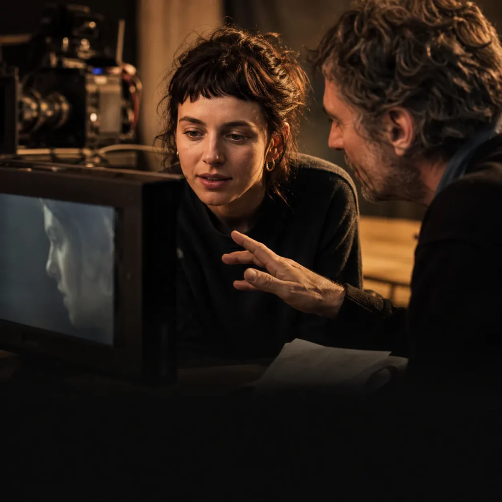 Actor and director reviewing a truthful take during a practical performance breakthrough