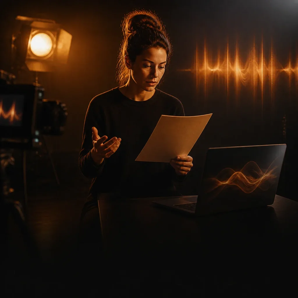 Cinematic editorial illustration of an actor using a laptop and script for AI-assisted audition preparation