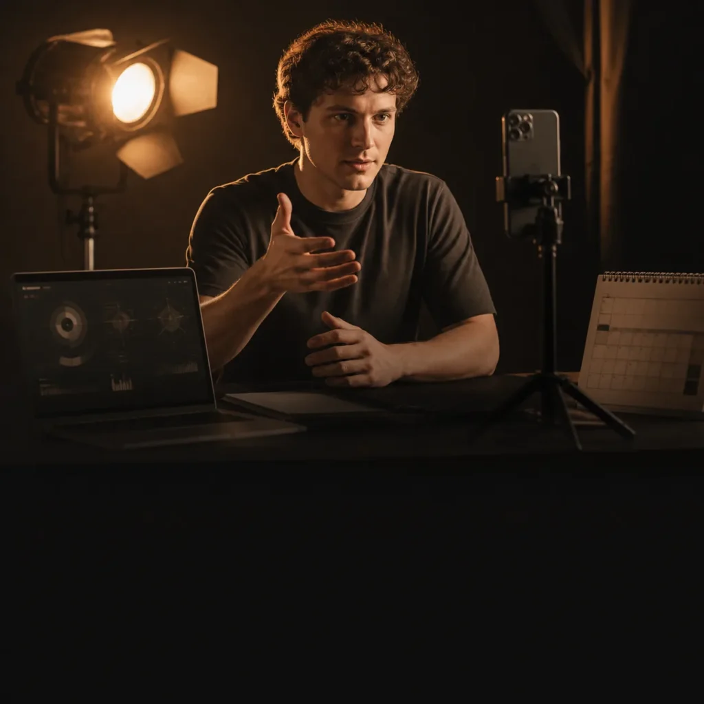Cinematic editorial illustration of an actor using AI tools during a self-tape training plan