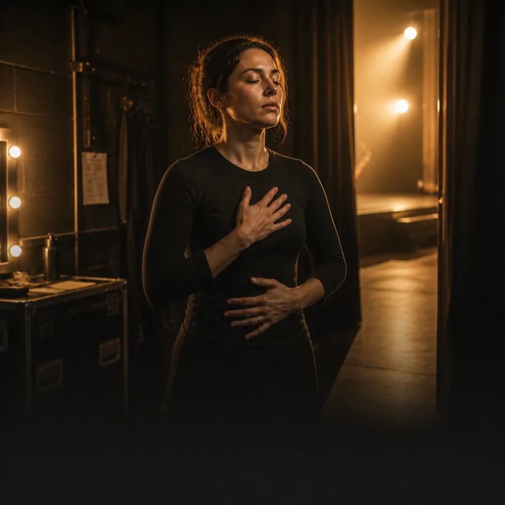 Cinematic editorial illustration of an anxious Australian performer using a grounding technique backstage