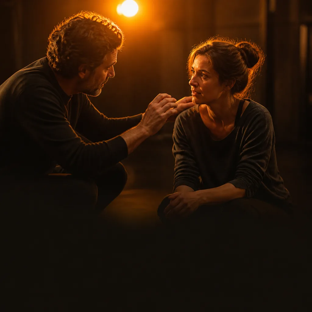 Cinematic editorial illustration of an acting coach guiding a performer toward a bold performance