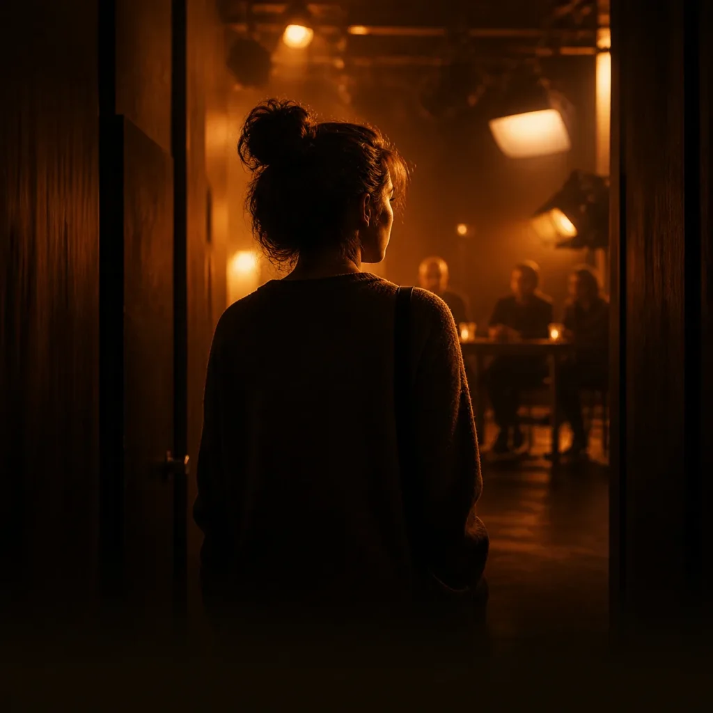 Cinematic editorial illustration of a confident actor entering a casting room