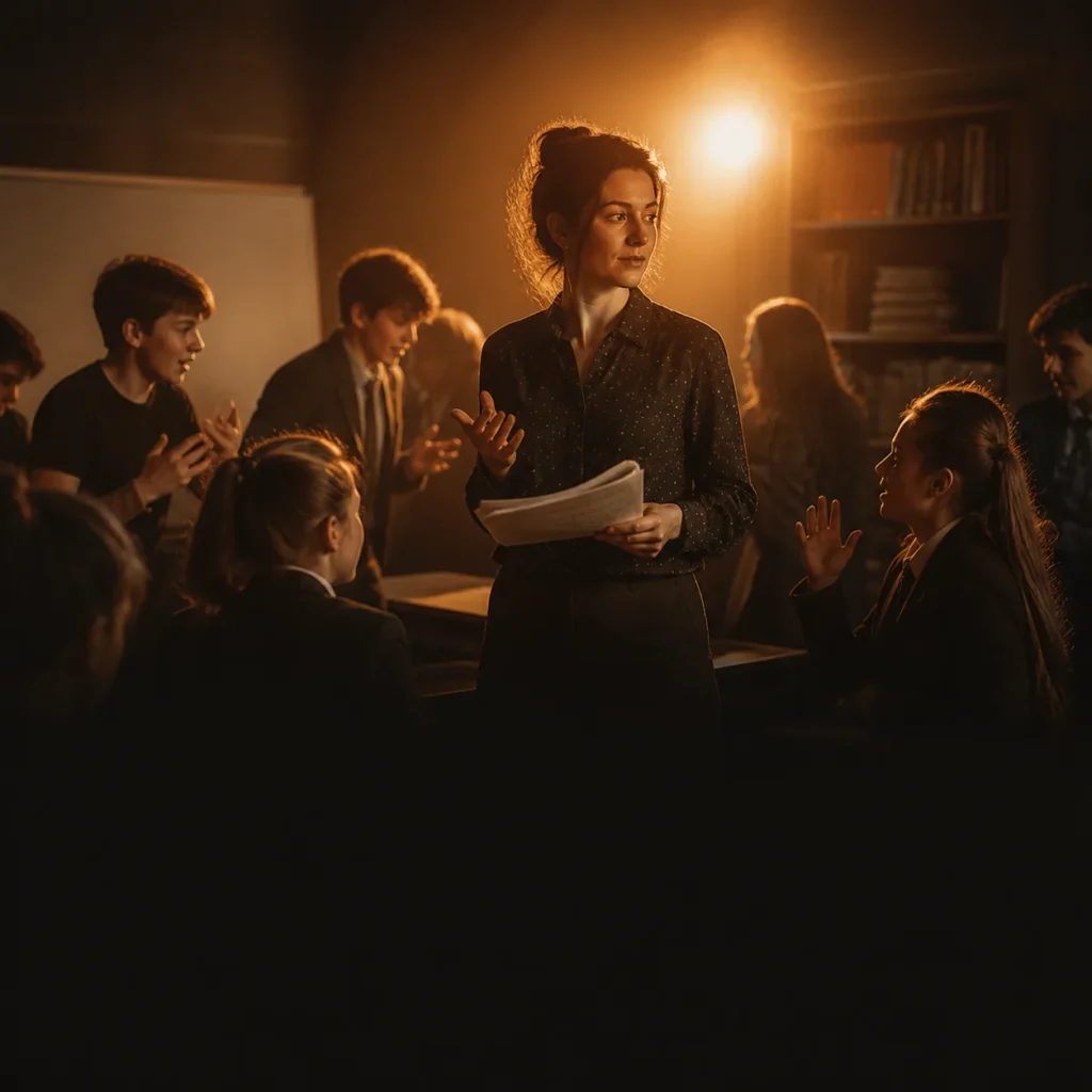 Cinematic editorial illustration of a teacher-actor staying composed in a lively classroom