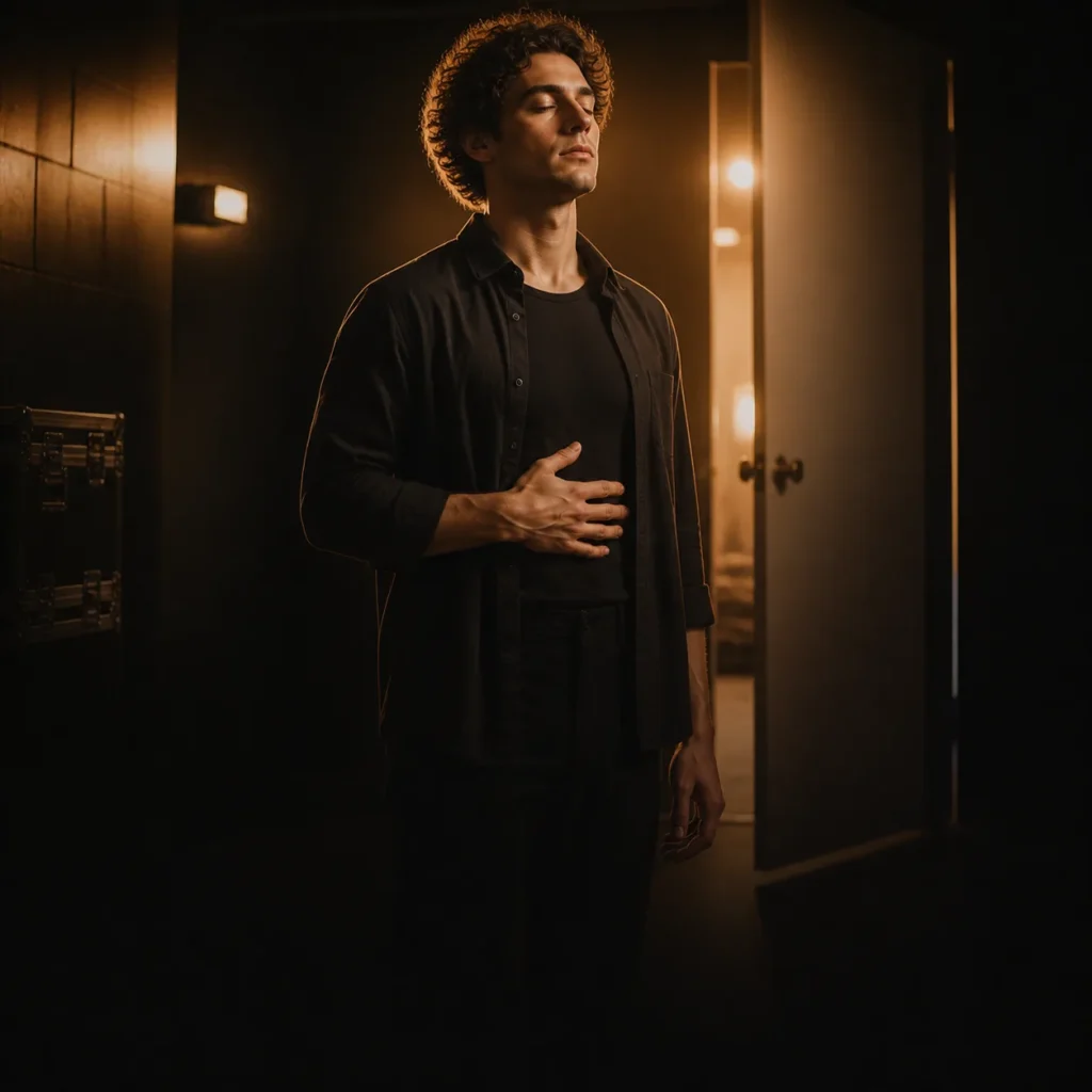 Cinematic editorial illustration of an actor using a quick grounding reset before an audition