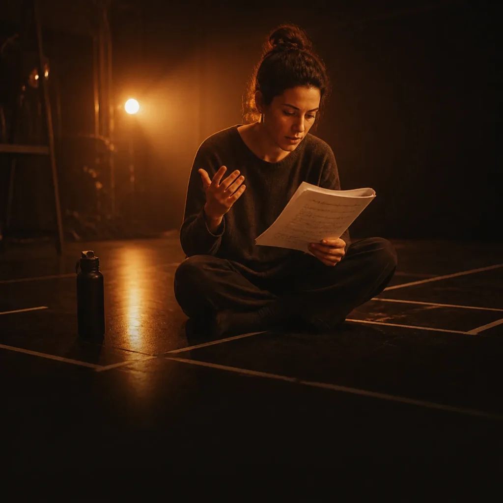 Cinematic editorial illustration of an actor following a disciplined daily rehearsal routine