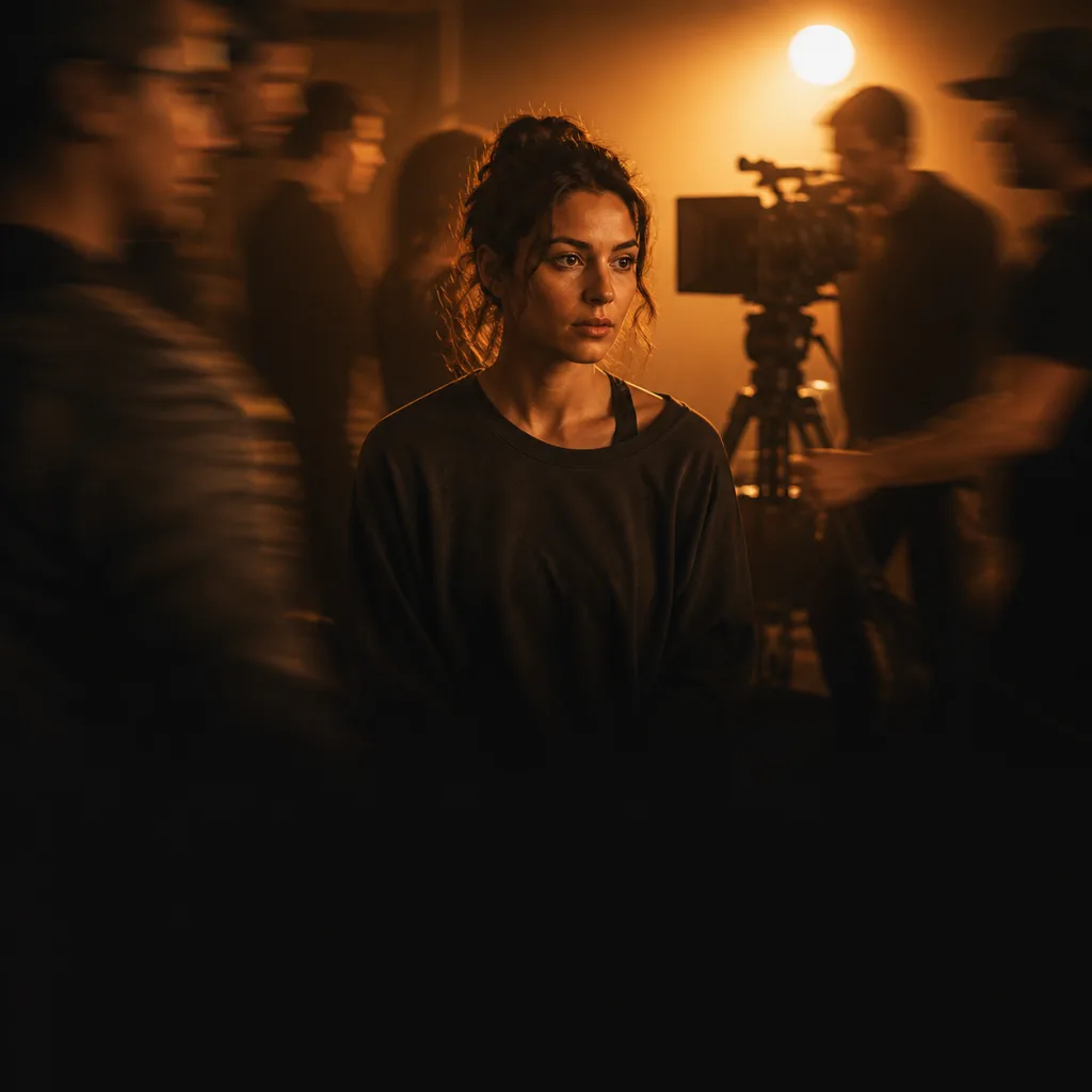 Cinematic editorial illustration of an actor finding focus amid a busy film set