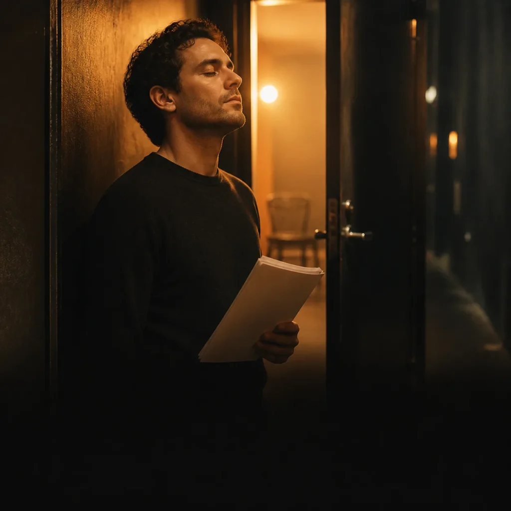 Cinematic editorial illustration of an actor calmly preparing outside an audition room