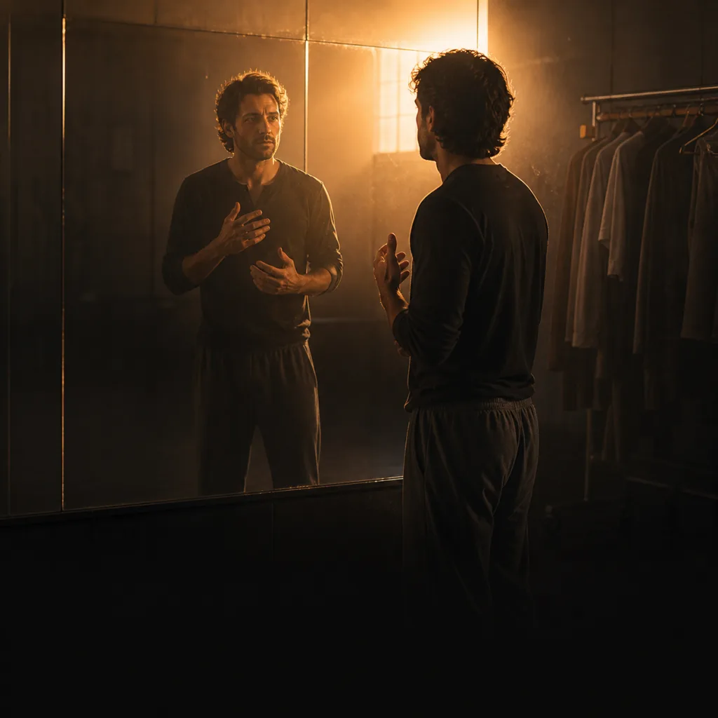 Cinematic editorial illustration of an actor developing a character through costume and reflection