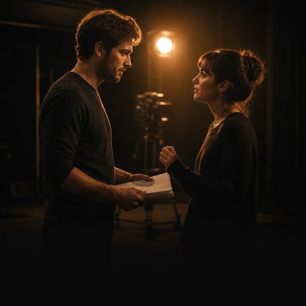 Cinematic editorial illustration of two actors committing to a powerful scene choice
