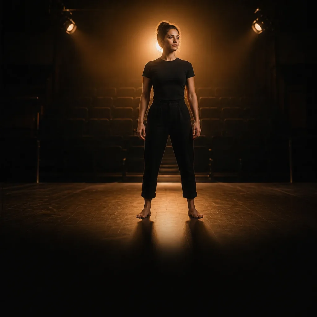 Cinematic editorial illustration of an actor grounding their stance during stage-presence training
