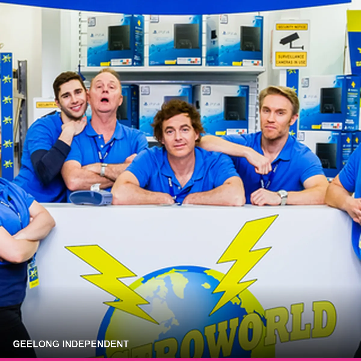 Paul Moore with the Rostered On cast at the Electroworld set