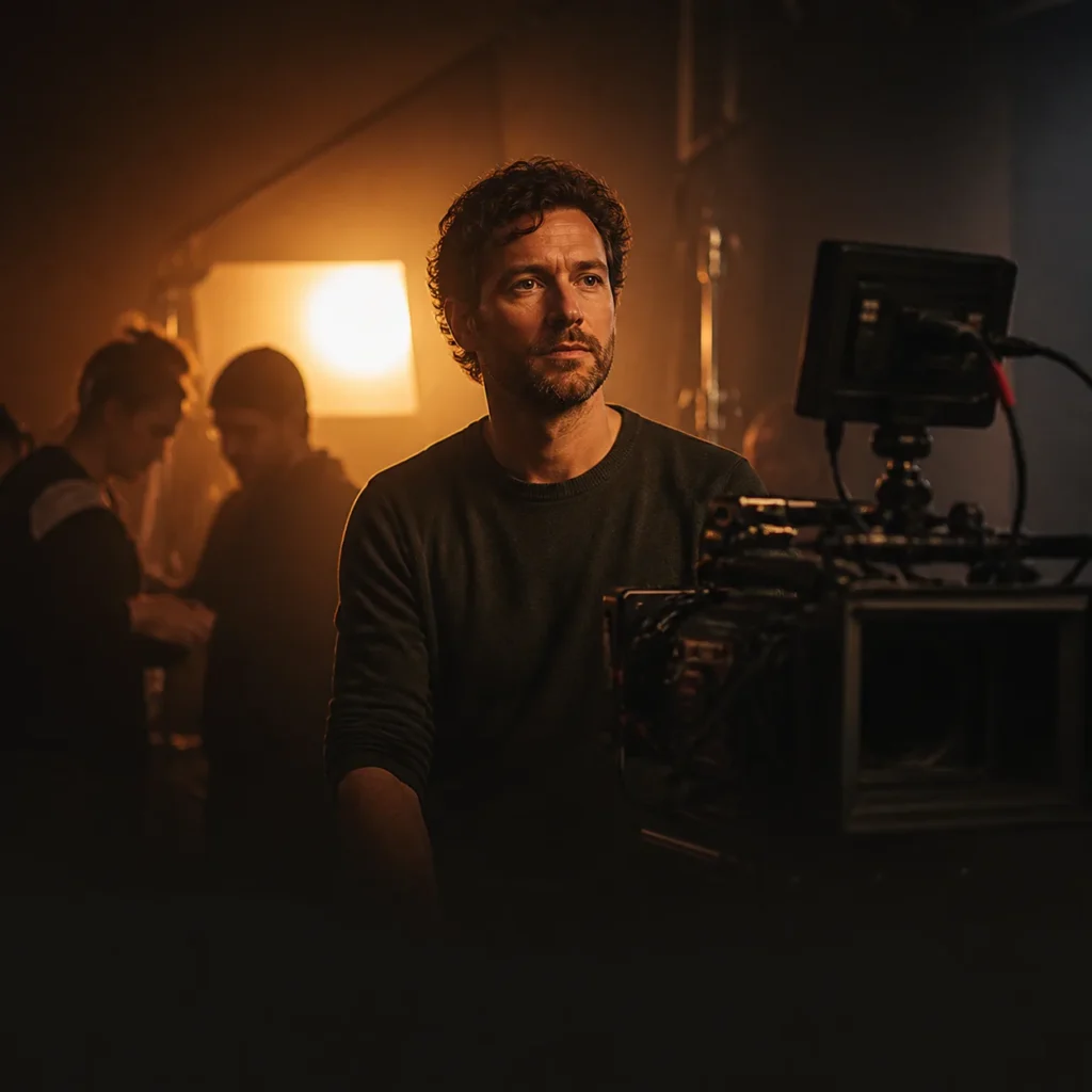 Cinematic editorial illustration of an actor building focused screen presence before a cinema camera