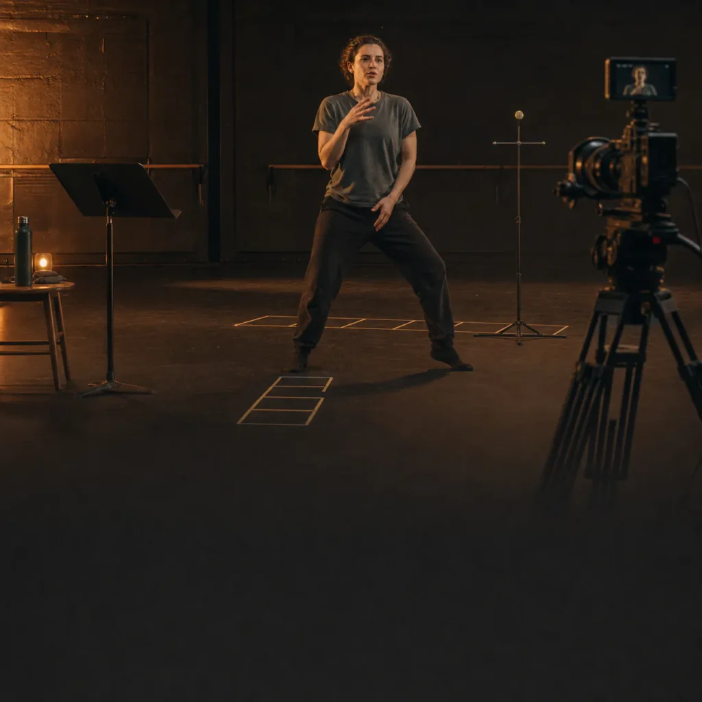 Actor practising voice, movement and camera eyeline habits in a professional rehearsal studio