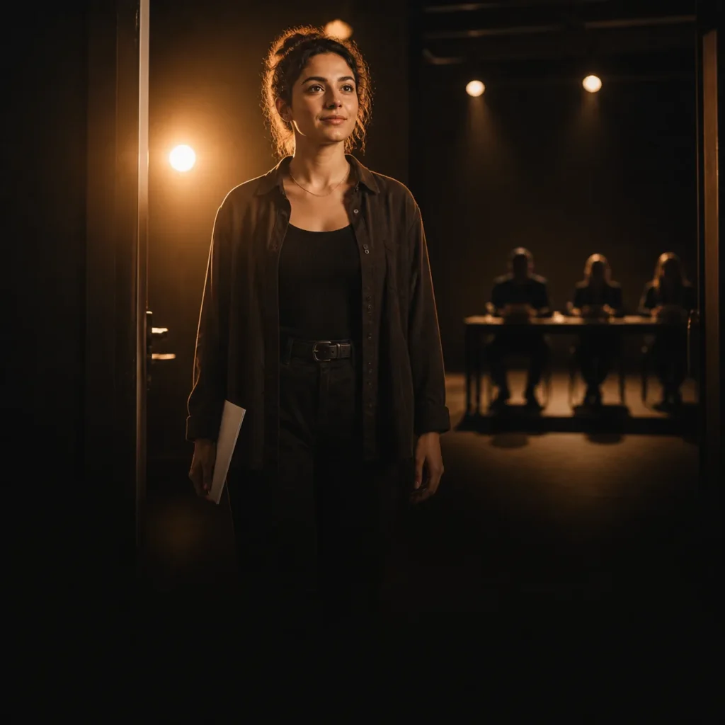 Cinematic editorial illustration of an actor entering an audition spotlight with powerful presence