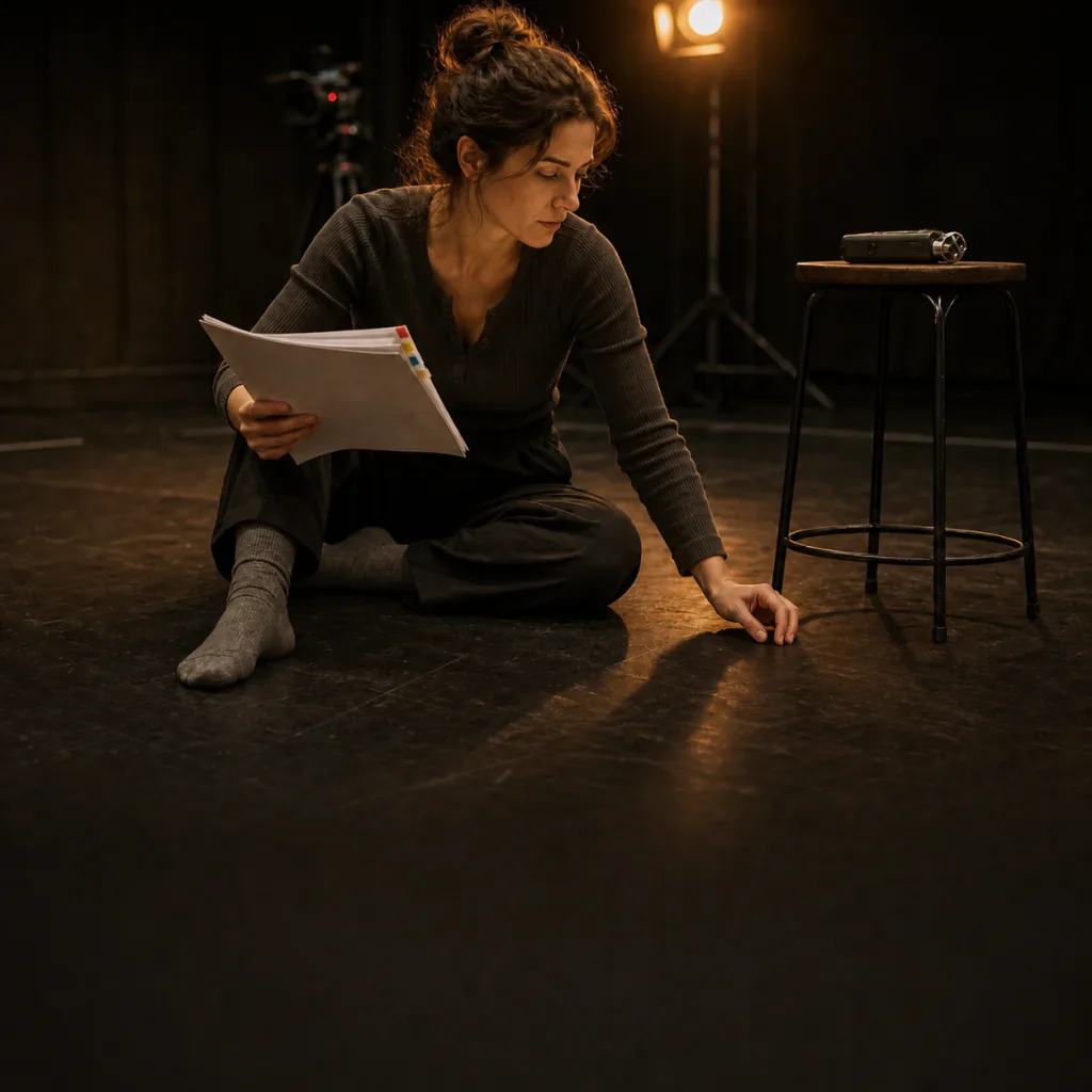 Actor using a marked script, breath cue and floor eyeline as practical confidence tools