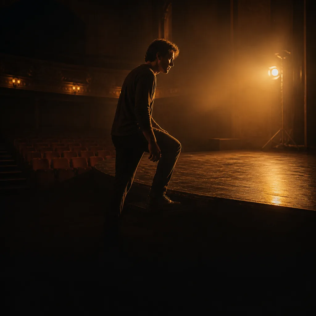 Cinematic editorial illustration of an actor rebuilding confidence in an empty theatre