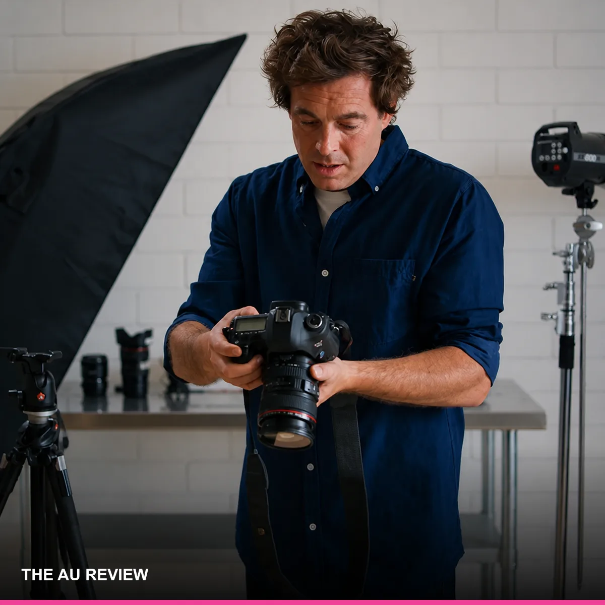 Paul Moore holding a professional camera on a studio set for The AU Review’s Rostered On interview