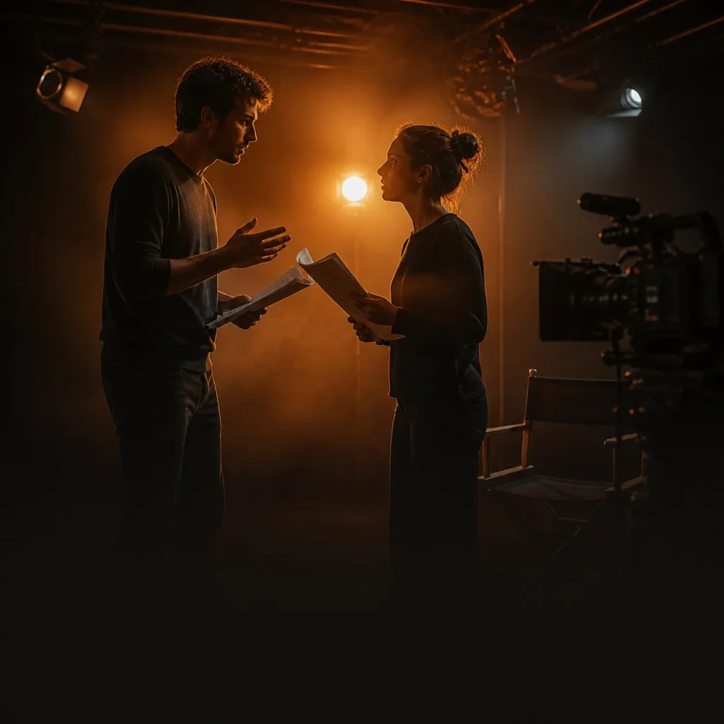 Cinematic editorial illustration of two actors rehearsing a scene in a black-box studio