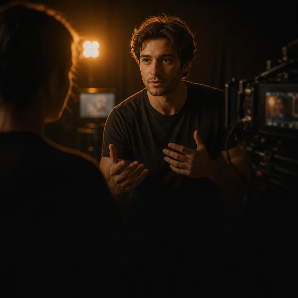 Cinematic editorial illustration of a confident screen actor facing a cinema camera