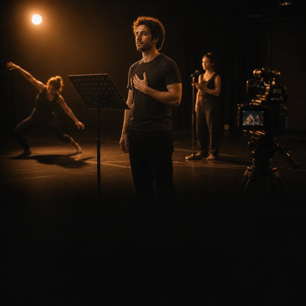 Cinematic editorial illustration of an actor progressing through marked rehearsal steps