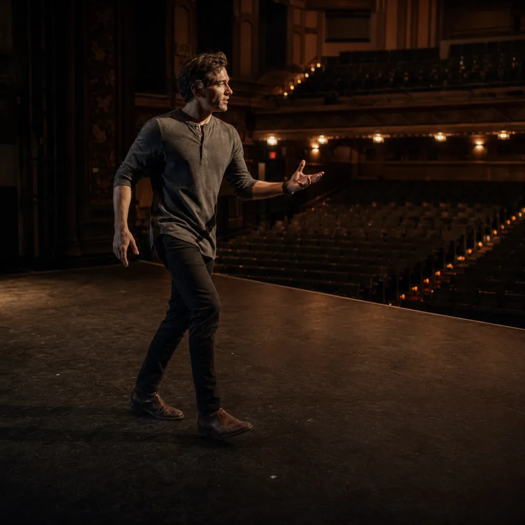 Actor actively using the full stage while addressing an empty theatre auditorium