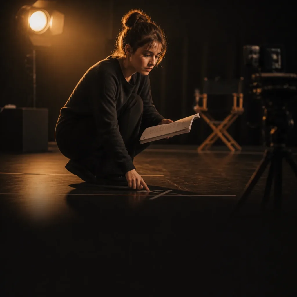 Cinematic editorial illustration of a young performer studying overlooked details in a script