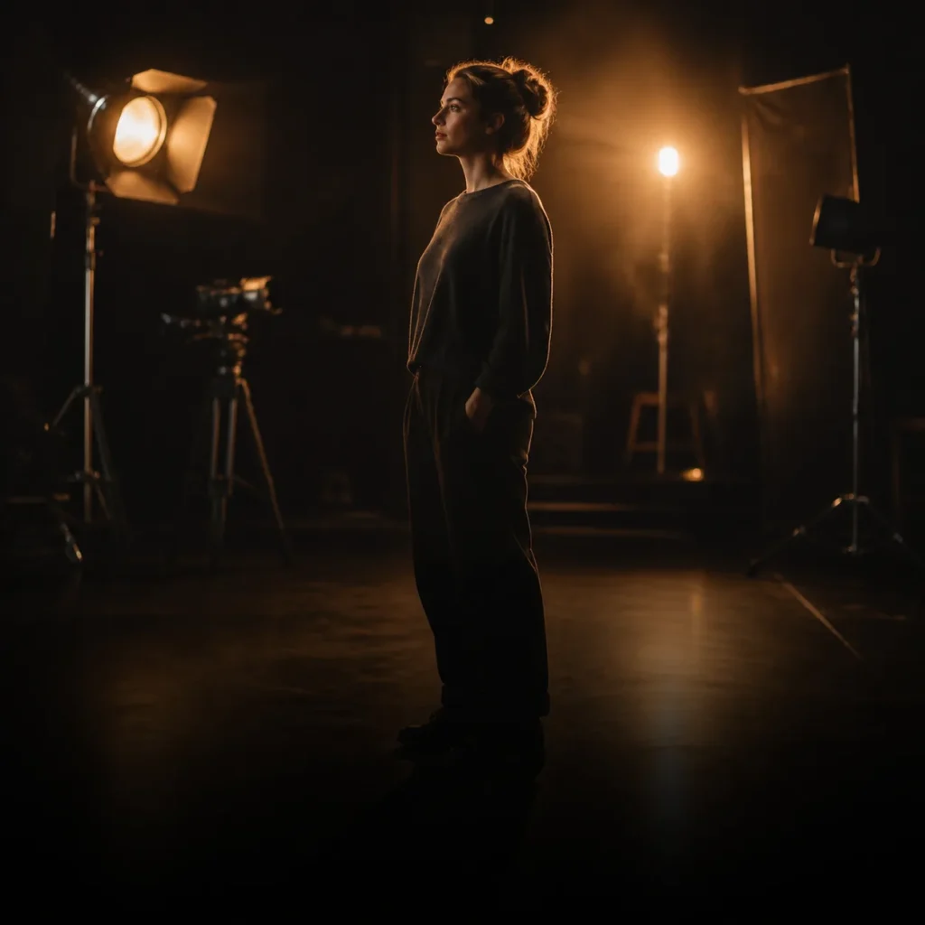 Actor standing in profile under warm studio lights before an acting exercise