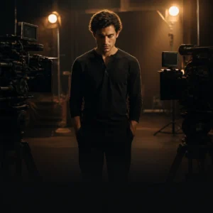 Screen actor centring himself between two cinema cameras before a take